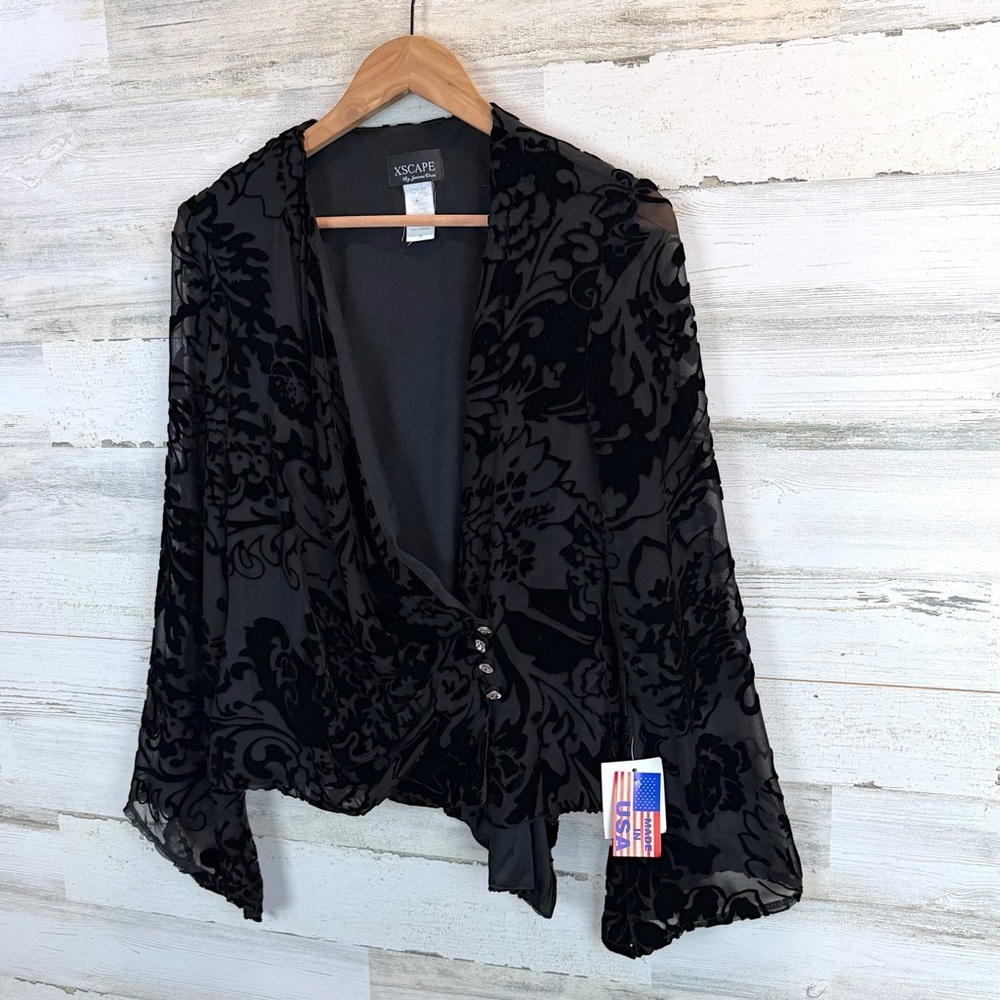 Xscape Whimsigoth Sheer Black Burnout Velvet Bell Sleeve Wrap Top 10 Gothic - Picture 6 of 15